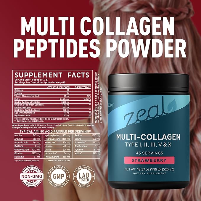 Premium Multi Collagen Peptides Powder (1 2 3 5 &amp 10) with Protein. Vitamin C Biotin Hyaluronic Acid for Hair Skin and Nails - Marine Bovine Chicken &amp Eggshell (Strawberry 45 Servings