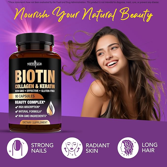 NEW AGE Biotin Collagen Keratin Hyaluronic Acid - 50000mcg Hair Growth Vitamins for Men and Women Nails Hair Skin Vitamins and DHT Blocker with Vitamin E Folic Acid Pumpkin Seed MSM- 180 Count