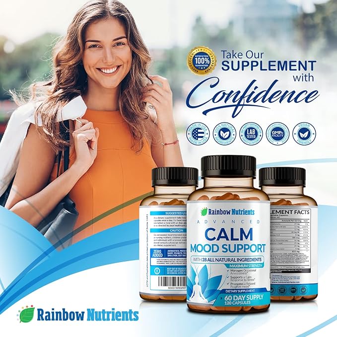 28 in 1 Calm Mood Support Supplement- Natural Happy Pills for Occasional Anxiousness &amp Stress Worry feelings Relaxation Mental Clarity | Max Sleep &amp Mood Support for Women &amp Men|120 Veg