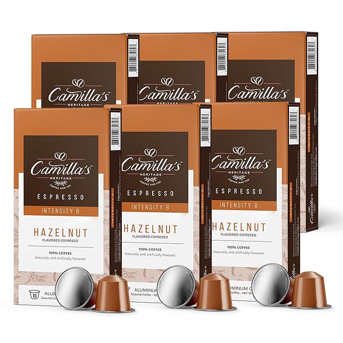 Camilla’s Heritage - Intensity 8 Hazelnut Flavored Espresso Coffee Gourmet Espresso Cups 60 Coffee Pods