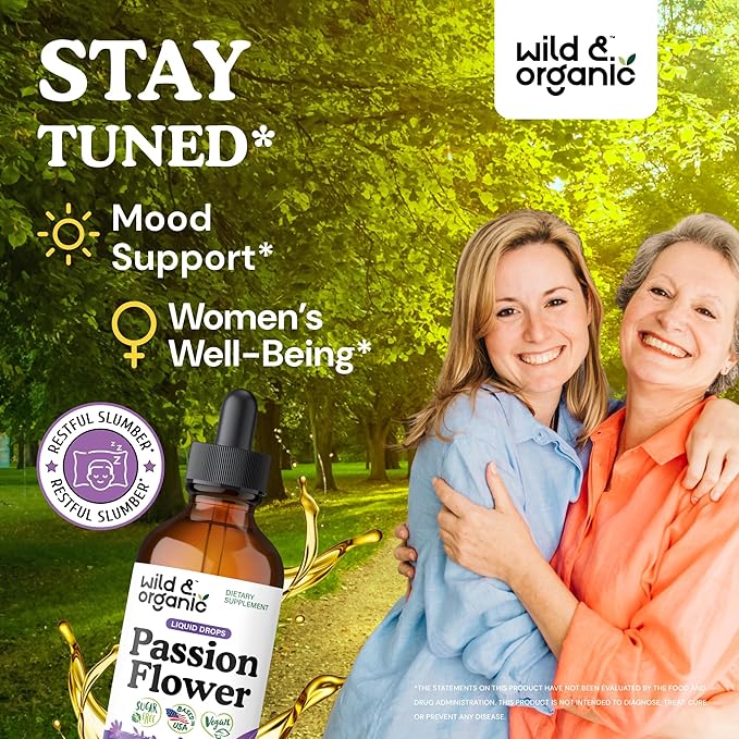 Wild &amp Organic Passion Flower Tincture - Mood Support - Calming Passionflower Supplement - Passiflora Incarnata Liquid Extract - Vegan Sugar &amp Alcohol-Free Herb Drops - 4 fl oz