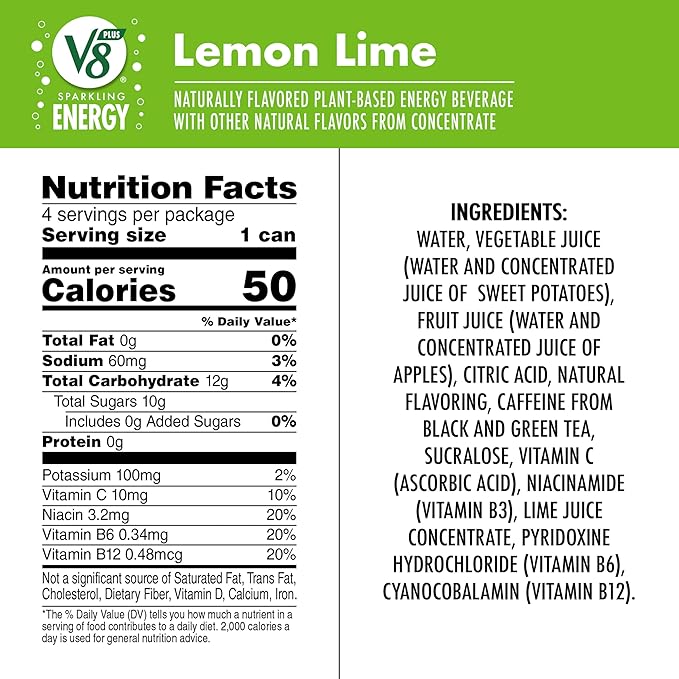 V8 +Energy Sparkling Lemon Lime Juice Energy Drink 11.5 fl oz Can (Pack of 16)