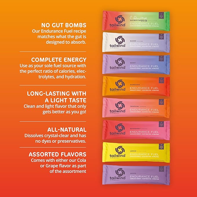 Tailwind Grab-and-Go Endurance Fuel Single Serve Assorted Flavors (Pack of 8) - Hydration Drink Mix with Electrolytes Carbohydrates - Non-GMO Gluten-Free Vegan No Soy or Dairy