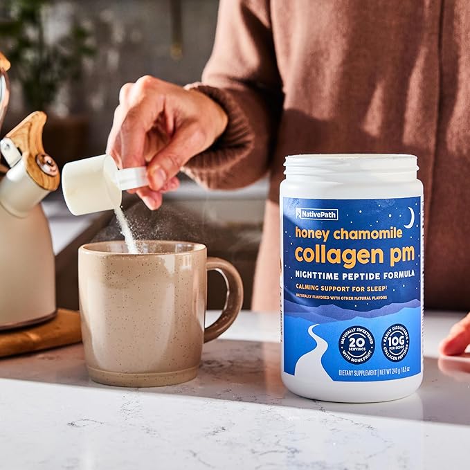 NativePath Collagen PM - Honey Chamomile Nighttime Collagen Peptides Powder with Magnesium GABA L-Theanine and Melatonin - 20 Servings