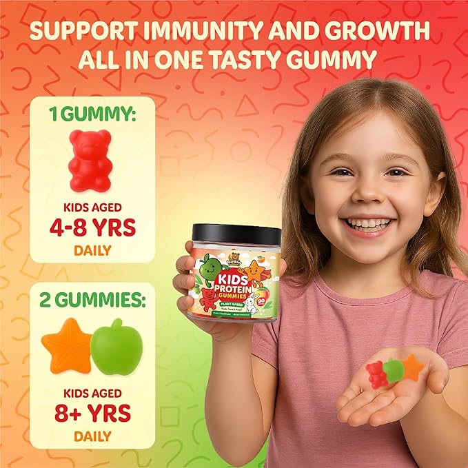 Bear Bites Gummies-Plant Based Kids Protein Gummy– Vegan Sugar-Free Gluten-Free Vitamin C – Immunity Booster Protein Snacks –Tasty Apple Peach Mango Flavors –90 Count –No Artificial Flavors