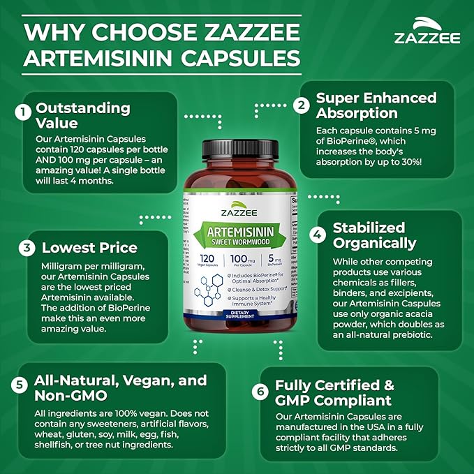 Zazzee High Absorption Artemisinin 100 mg per Capsule 120 Vegan Capsules with 5 mg BioPerine for Maximum Absorption Sweet Wormwood Extract 4 Month Supply All-Natural and Non-GMO (Pack of 2)