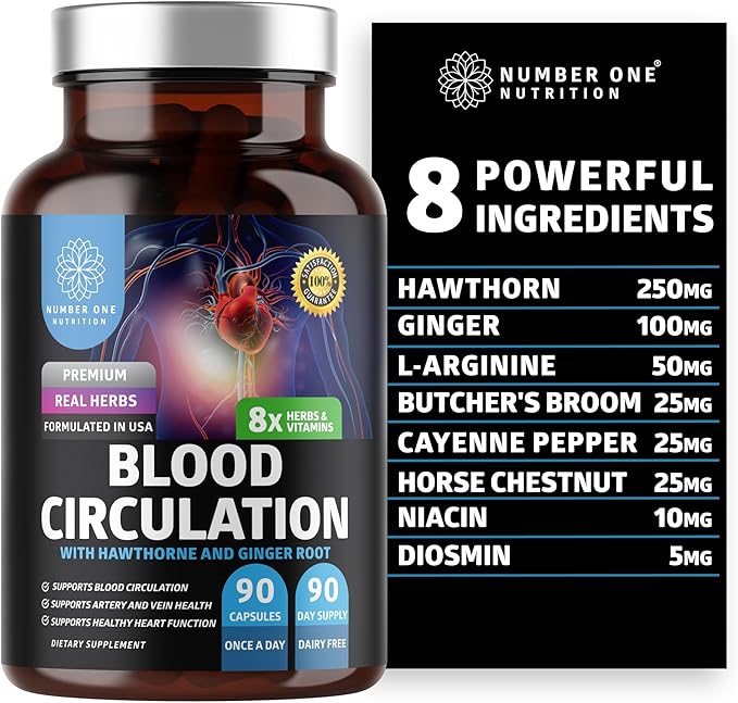 Number One Nutrition Premium Blood Circulation Supplement for Women and Men [8 Powerful Herbs &amp Vitamins] All Natural Blood Flow Supplement with Hawthorn Butchers Broom and Cayenne Pepper 90 Cap