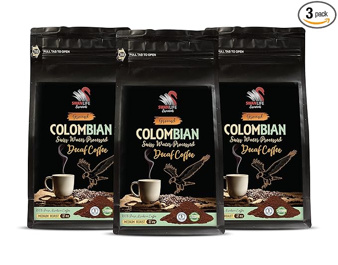 roasted arabica decaf coffee - DECAF COLOMBIAN GROUND COFFEE - Medium Roast 100% Pure Arabica swiss water processed non gmo - decaffeinated coffee from colombia by SWAN LIFE ESSENTIALS - 3 Bags (3