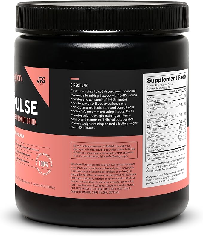 LEGION Pulse Pre Workout - All Natural Nitric Oxide Preworkout Drink to Boost Energy Creatine Free Naturally Sweetened Beta Alanine Citrulline Alpha GPC (Pina Colada)