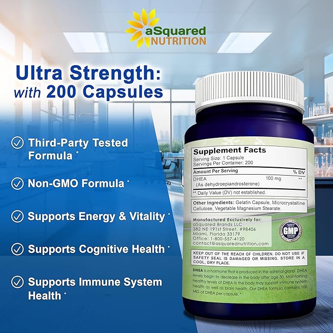 DHEA 100mg Supplement – 200 Capsules – High Potency Dehydroepiandrosterone for Men and Women – Max Strength Pills for Brain Health Energy and Immune Function – Formulated in USA Third-Party Tested