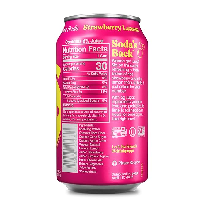 Poppi Sparkling Prebiotic Soda Beverage with Apple Cider Vinegar Seltzer Water and Fruit Juice Strawberry Lemon Flavor 12 FL Oz Pack of 12 Packaging May Vary