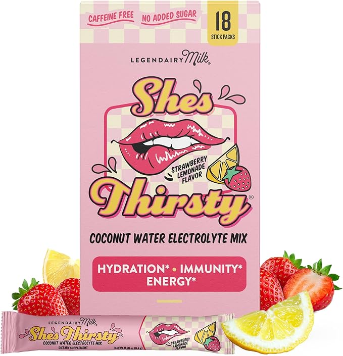 Legendairy Milk She’s Thirsty – Strawberry Lemonade No Sugar Added Electrolytes Powder Packets–Coconut Water Mix for Women Instant Hydration Packets Immune Support Pregnancy Safe 18 Ct