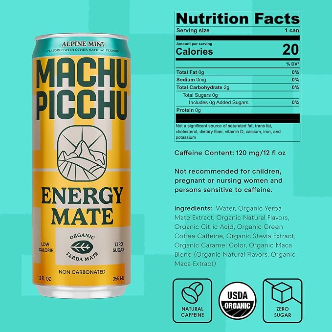 MACHU PICCHU Zero Sugar Energy Mate Drink – Non-Carbonated Yerba Mate 120mg Organic Caffeine Smooth Focus Without Jitters or Crash Low Calorie USDA Organic 12oz Cans (12-Pack-“Alpine Mint”)