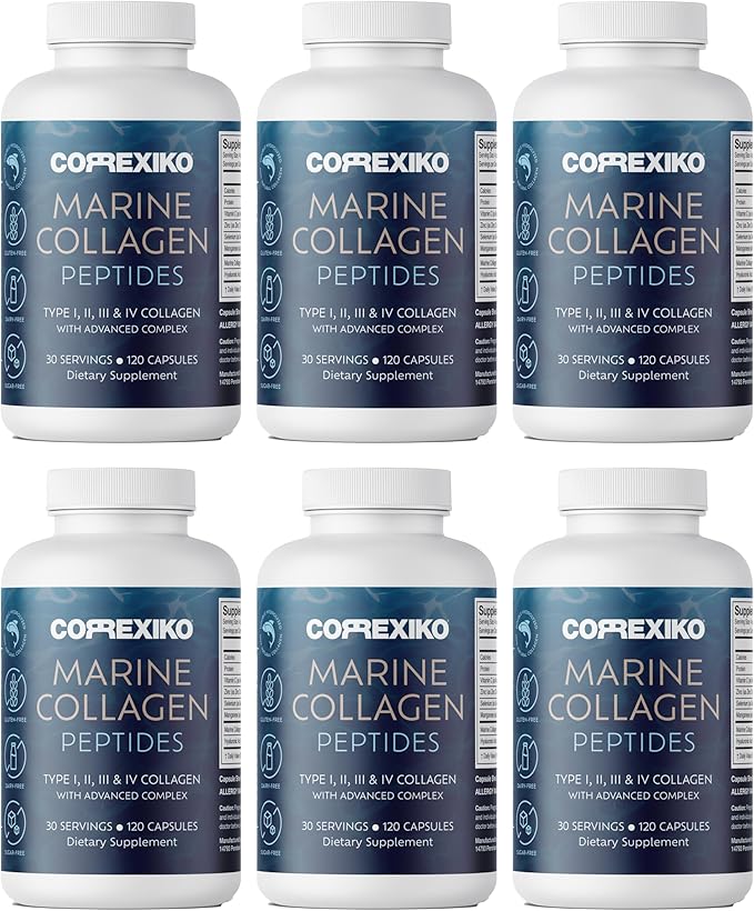 CORREXIKO Marine Collagen Supplement Pills - 1800mg Hydrolyzed Collagen Peptides per Serving with Added Hyaluronic Acid Vitamin C &amp Minerals - for Hair Skin &amp Nails - 720 Capsules 6 Month Su