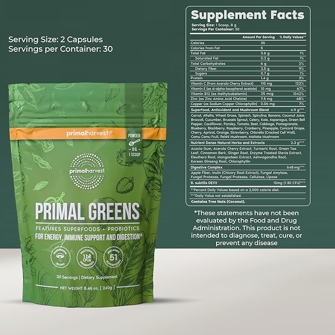 Primal Harvest Super Greens Powder 30 Servings w/+50 Greens Superfood Chlorella Probiotics Green Tea Wheatgrass Kale Turmeric for EnergyPrimal Greens