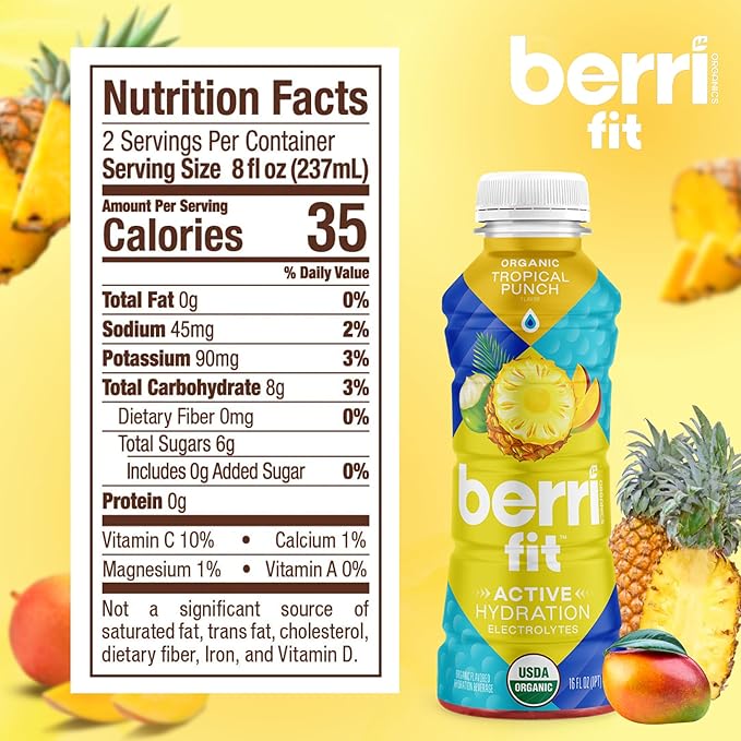 Berri Fit Hydration - Organic Tropical Fruit Flavor Natural Sports Drink - Plant-Based Electrolyte Beverage – Low Calorie Paleo Coconut Water Solution 16oz 12ct…