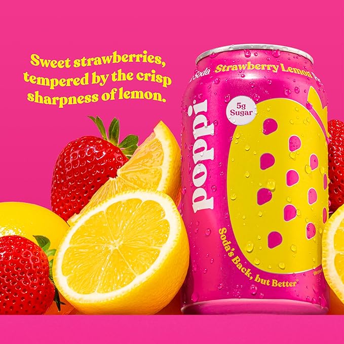 Poppi Sparkling Prebiotic Soda Beverage with Apple Cider Vinegar Seltzer Water and Fruit Juice Strawberry Lemon Flavor 12 FL Oz Pack of 12 Packaging May Vary