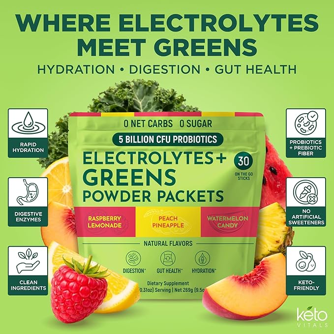 Keto Vitals Keto Electrolytes Plus Greens Superfood Powder Packets - 30 Servings Super Greens Powder Packets with Sugar Free Electrolytes for Hydration Gut Health &amp Digestion - Green Drink Mix