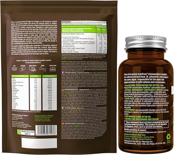 Pure &amp Essential Vegan Collagen Peptide Protein Powder + Astaxanthin Complex Vegan Bundle Complete Collagen Boosting Formula + Natural Astapure Providing 4 mg H. Pluvialis Astaxanthin for Hair S