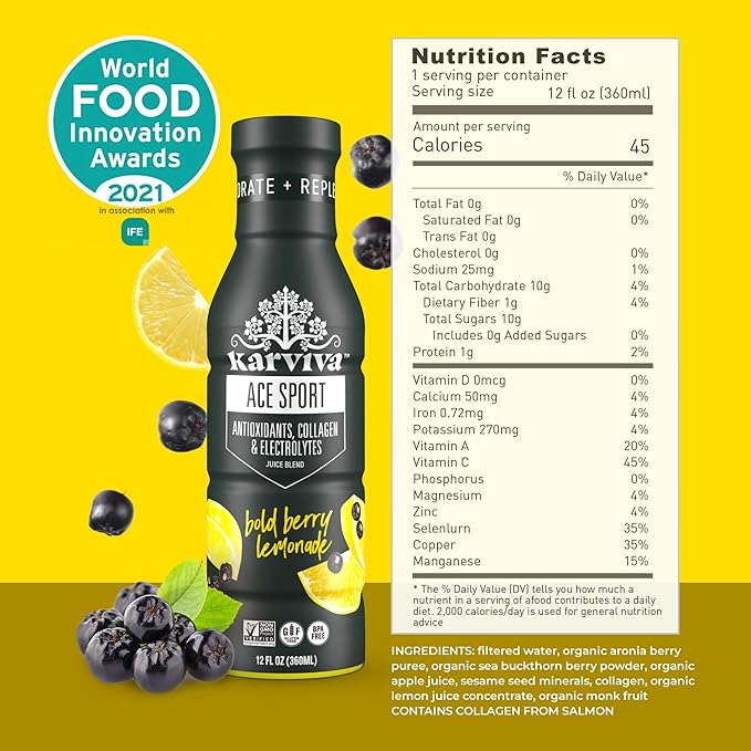 Karviva ACE Collagen Sport Juice Variety Pack - Inspired by Traditional Eastern Remedies for Healthy Joints Skin &amp Hair. Collagen Hydration Drinks with Natural Marine Collagen Electrolyte Antio