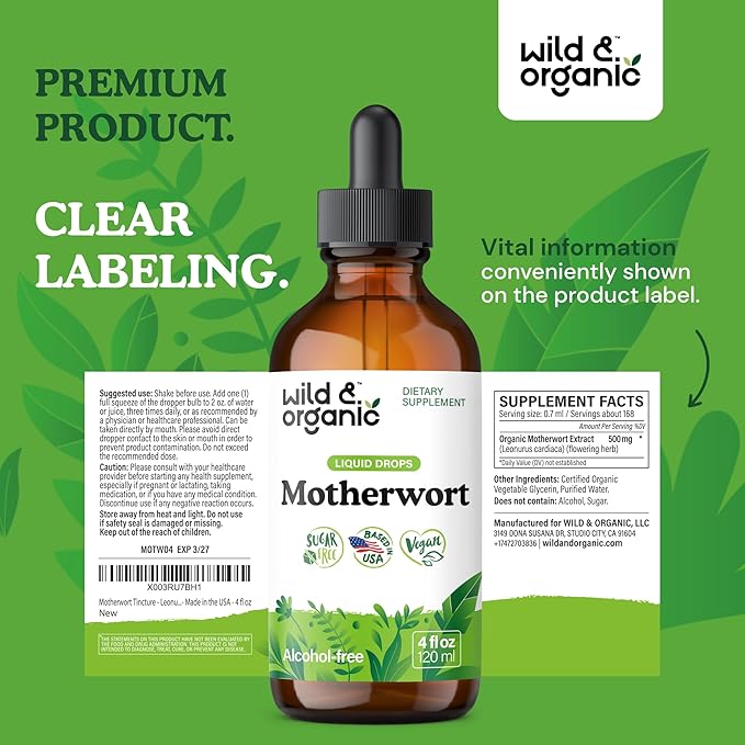 Wild &amp Organic Motherwort Tincture - Good Mood Calmness Overall Support - Supplements for Women with Motherwort Herb - Vegan Sugar &amp Alcohol-Free Extract Drops - 4 fl oz