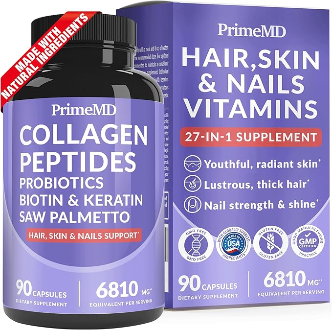 27-in-1 Hair Skin and Nails Vitamins (6810mg) with Biotin 10000mcg - Collagen Supplements for Men and Women - Keratin Supplements with Probiotics and Saw Palmetto 90ct