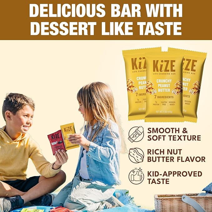 KiZE Energy Bars - Crunchy Peanut Butter - 20-Count - Gluten Free Dairy Free Non-GMO and High Protein Meal Replacement Energy Bars Clean and Simple Food Ingredients - 7g High Protein Snacks (20 Co