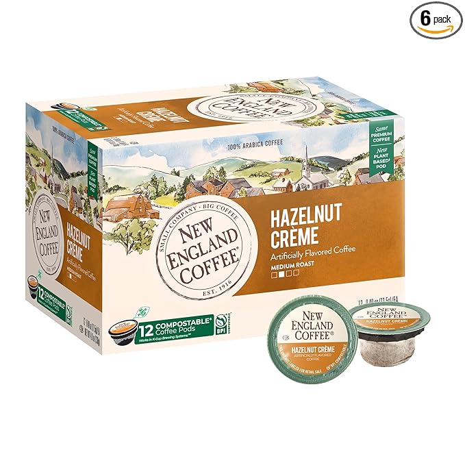 New England Coffee Hazelnut Crème Medium Roast Single Serve Pods 12ct Box (Pack of 6)