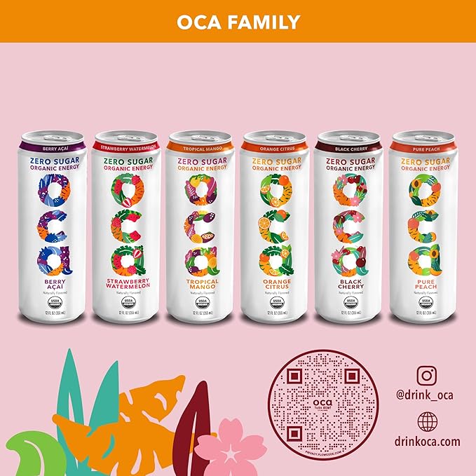 OCA ZERO Black Cherry Organic energy drink zero sugar gluten-free vegan plant-based 12 Fl Oz (12-pack)