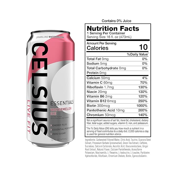 CELSIUS ESSENTIALS™ Sparkling Watermelon Ice Sugar Free Performance Energy Drink 16 Fl Oz (Pack of 12)