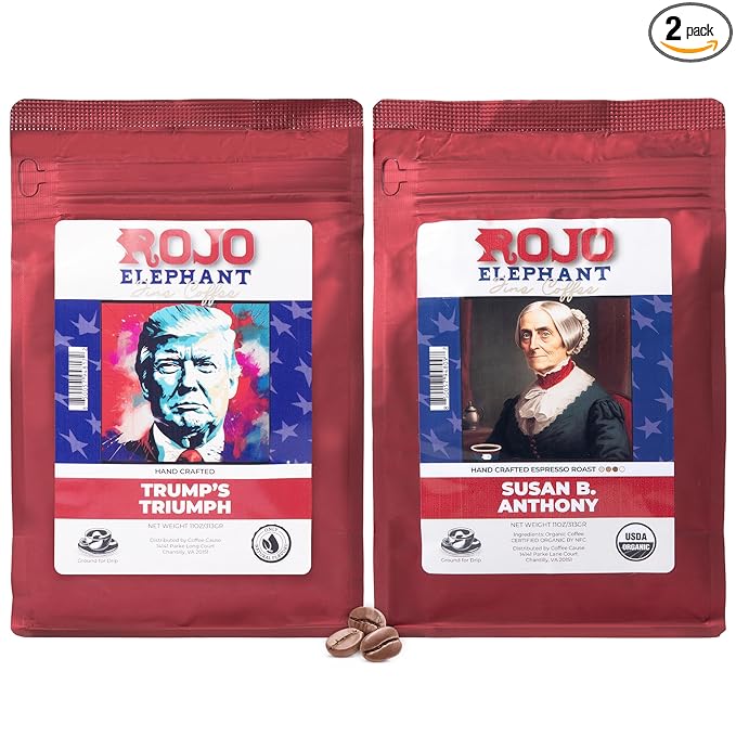 Rojo Elephant Handcrafted Ground Coffee 100% Arabica Beans 11 0z Bags Pack of 2 Trump's Triumph Susan B. Anthony Visionary Pack