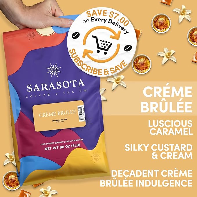 Sarasota Coffee Whole Bean Creme Brulee | Medium Roast Gourmet Flavored Coffee Beans | Low Acid Mold Free Specialty Grade Bulk Beans | 5lb (80 oz)
