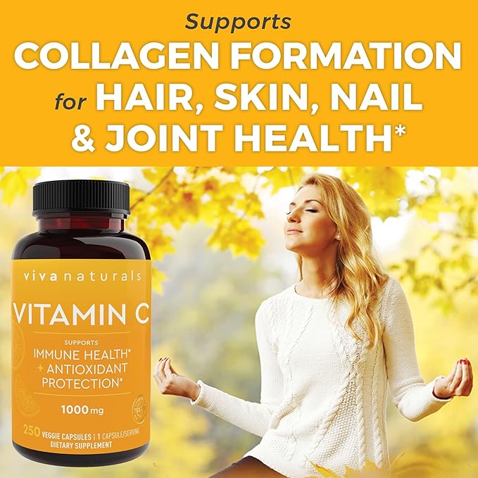 Viva Naturals Vitamin C 1000 mg 250 Vegetarian Capsules – with Citrus Bioflavonoids &amp Rose HIPS Non-GMO for Immune Support &amp Antioxidant Protection