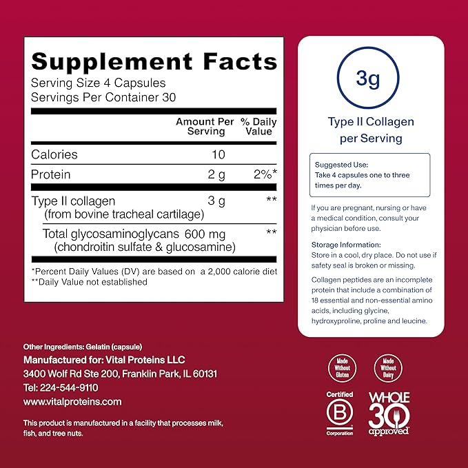 Vital Proteins Cartilage Collagen Pills Type II Collagen &amp Chondroitin Sulfate Supplement for Recovery &amp Healthy Hair Skin Nails and Joints - 750 mg Serving with 120 Capsules