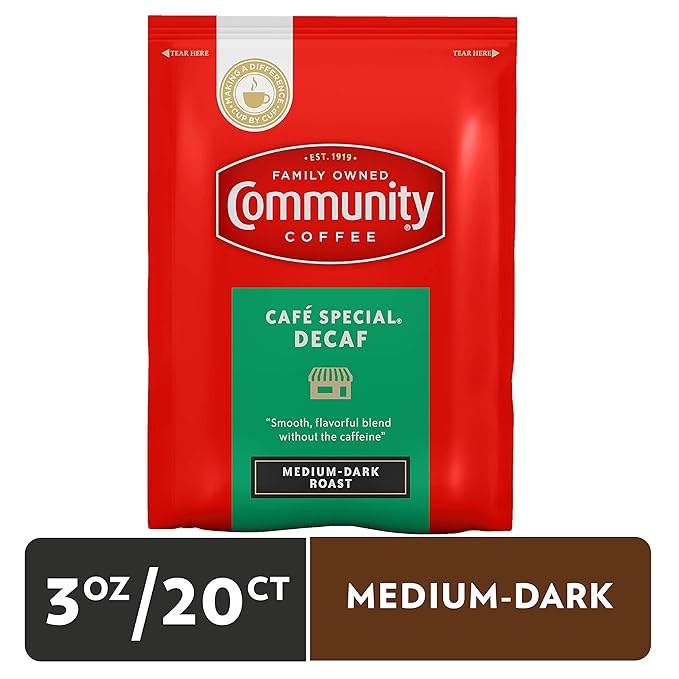 Community Coffee Café Special Decaf Medium Dark Roast Pre-Measured Coffee Packs 3 Ounce Each (Pack of 20)