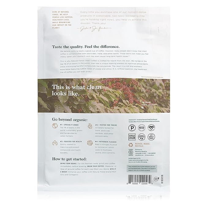 Natural Force - Organic Clean Decaf Coffee Mold &amp Mycotoxin Free Lab Tested for Toxins &amp Purity Low Acidity Whole Bean Swiss Water Decaf Medium Roast 12 oz