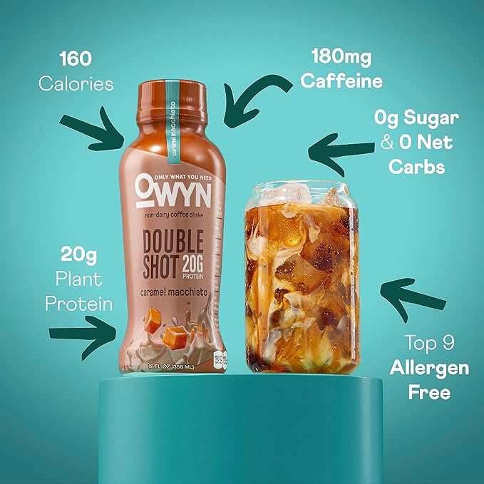 OWYN Only What You Need Double Shot Dairy Free Keto Protein Coffee Shake Caramel Macchiato 0g Sugar 20g Plant Based Protein 180mg Caffeine Gluten &amp Soy Free Non-GMO Vegan (12 Pack 12 Fl Oz