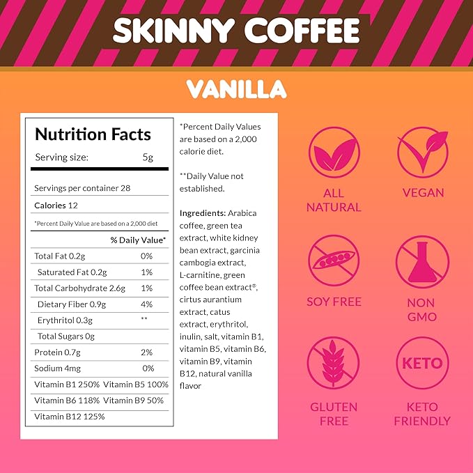 Skinny Boost 3 Pack Vanilla Instant Skinny Coffee Sticks with Free Tumbler-Premium Arabica Coffee All Natural Sugar Free Vegan &amp Paleo Friendly- 28 Per Container
