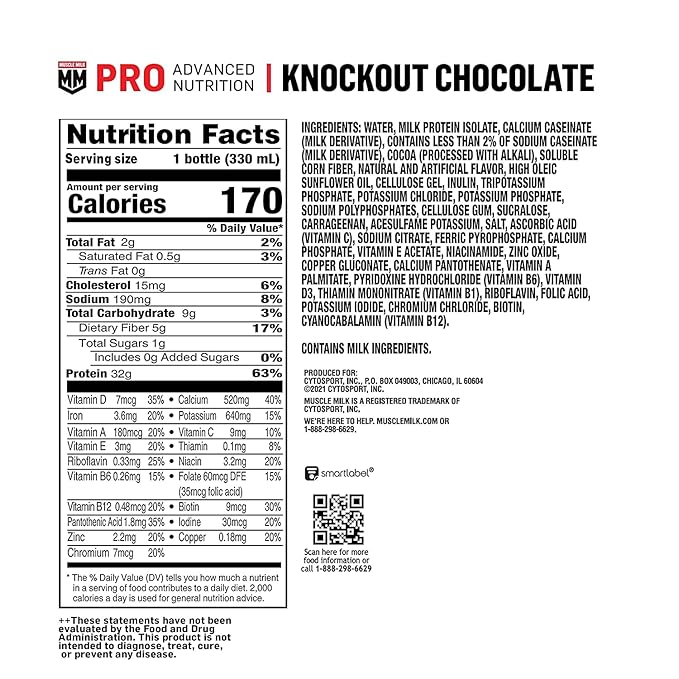 Muscle Milk Pro Series Protein Shake Knockout Chocolate 32g Protein 11.16 Fl Oz (Pack of 12)