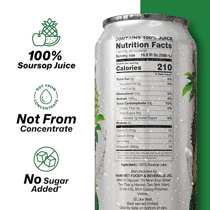 VINUT 100% Soursop Juice No Added Sugar Not From Concentrate 16.9 fl oz (500 mL) Can Pack of 6