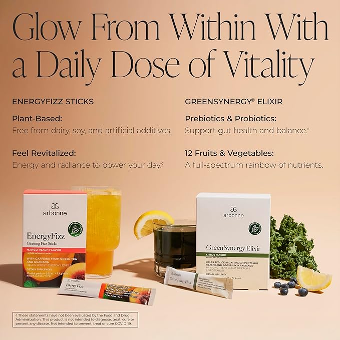 Daily Gut &amp Energy Bundle – GreenSynergy Elixir Citrus Flavored Greens Powder + EnergyFizz Ginseng Fizz Sticks Peach Mango – Gut Health Skin Support &amp Energy Supplements – Vegan &amp Gluten-