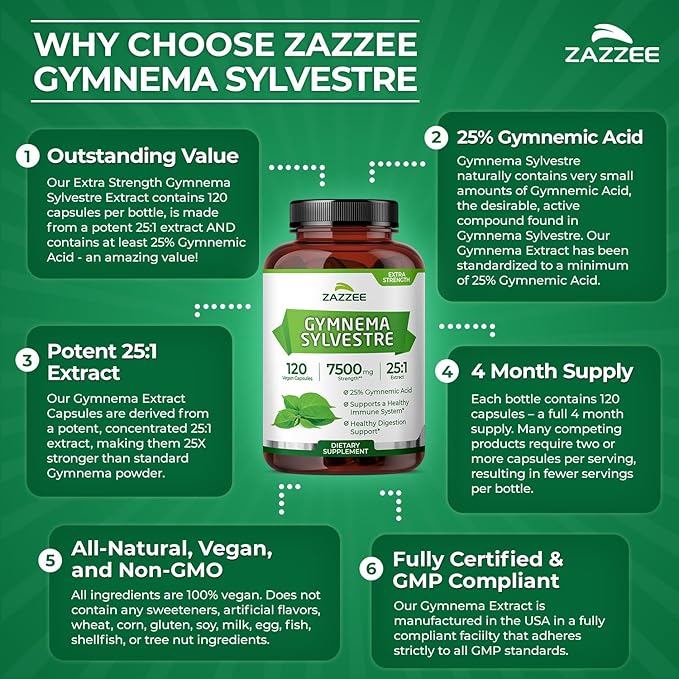 Zazzee USDA Organic Gymnema Sylvestre 25:1 Extract 25% Gymnemic Acid 120 Vegan Capsules 4 Month Supply All-Natural Botanical Support Concentrated 25X Extract Non-GMO Made in the USA