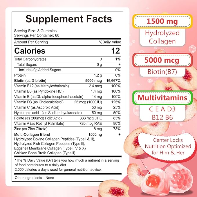 180 Count Marine Collagen Gummies for Women Men Sugar Free Hydrolyzed Collagen Peptides Type IIIIIIVX w/ 5000 Mcg BiotinHyaluronic Acid Vitamin C A D E B6 B12 for Skin Hair Nails Bone Health