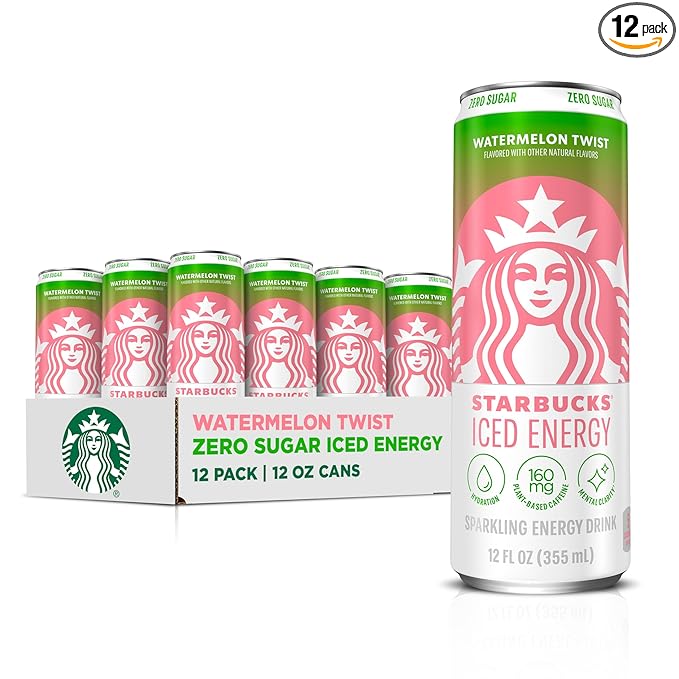 Starbucks Iced Energy Drink Watermelon Splash Zero Sugar Energy Drink Plant Based Caffeine Hydration Mental Clarity 12 Fl Oz Cans (Pack of 12)