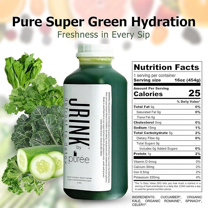 JRINK by Purée Super Green Juice Cold Pressed Organic Vegetable Blend Detox Drink Healthy Raw Greens Juice Cleanse No Preservatives Fresh Detox Cleanse 16oz HDPE Bottles Pack of 24