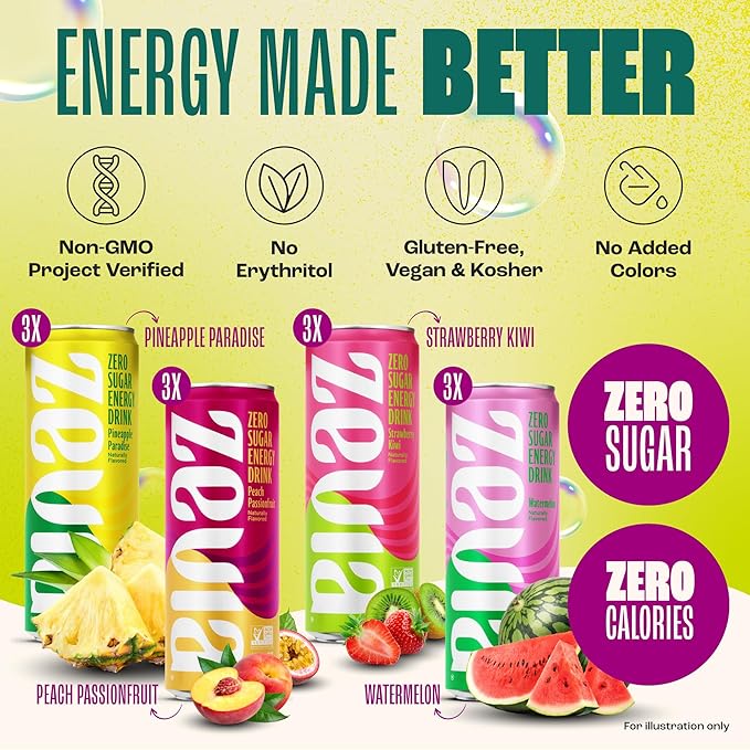 Zevia Zero Sugar Energy Drink Fruity Fuel Variety Pack 12 oz Cans (12-Pack) – Naturally Sweetened Non-GMO Project Verified Gluten-Free Vegan