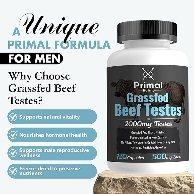 Primal Being Grassfed Beef Testes Capsules – Nutrient-Dense Beef Organ Supplement for Men New Zealand Sourced 120 Capsules