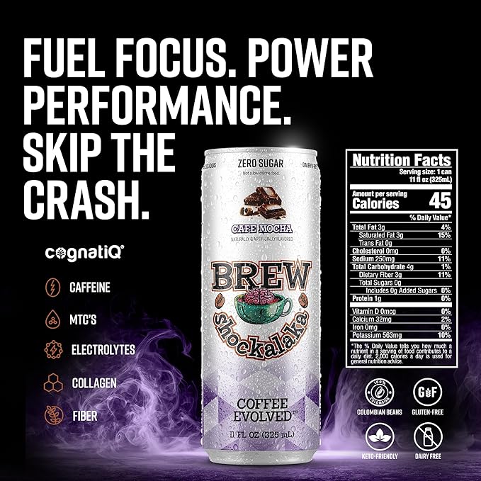 Brew Shockalaka Cafe Mocha Coffee RTD 12-Pack - Nootropic Enhanced Zero Sugar Natural Caffeine + CognatiQ Coffee Evolved (11 FL OZ) (Maple Cinnamon Donut)