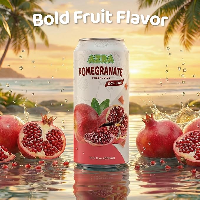 AZRA 100% Pomegranate Juice – 500ml Cans Healthy Drinks Variety Pack – Sugar Free Juice Pure Pomegranate Extract Beverages – Zero Sugar Drinks for Kids and Adults – 100% Juice 12 Pack