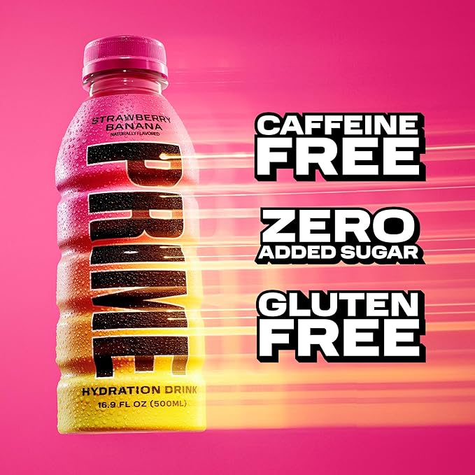 PRIME Hydration STRAWBERRY BANANA Sports Drinks Electrolyte Enhanced for Replenishing Fluids 250mg BCAAs B Vitamins Antioxidants Low Sugar 16.9 Fl Oz 12 Pack